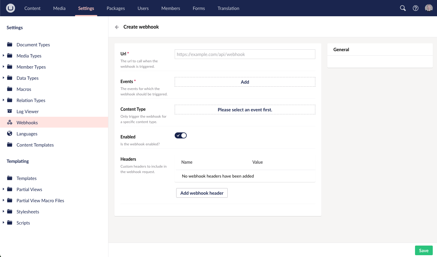 Umbraco Webhooks screenshot